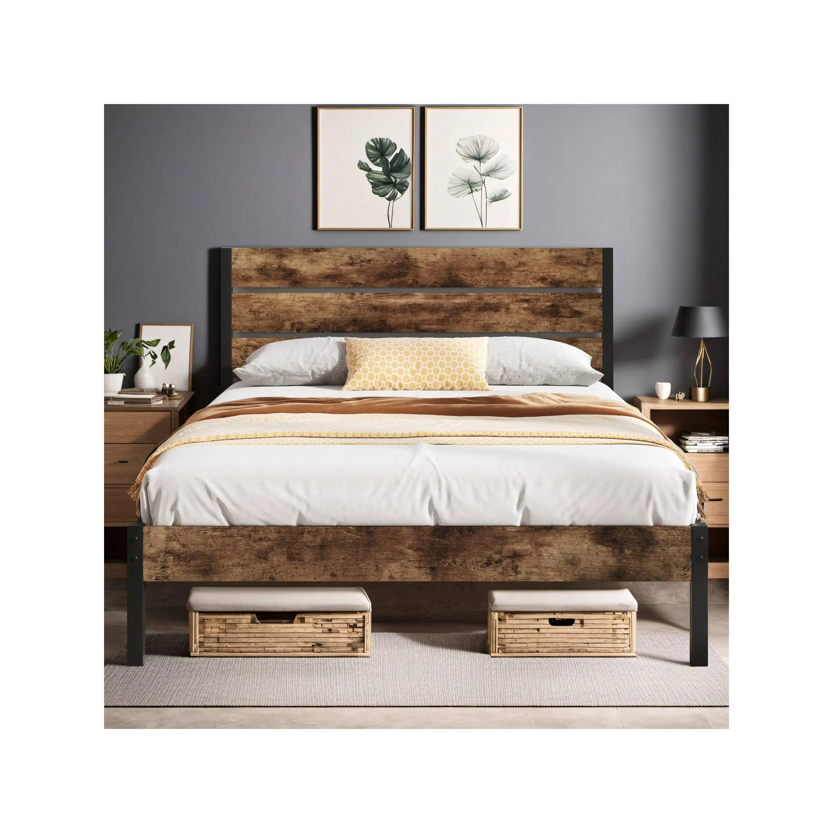 Three Size Platform Bed With Rustic Vintage Wood Headboard And Footboard, Metal Slats Support Bed Frame, Rustic Brown, No Box Spring Needed Indoor Furnitur