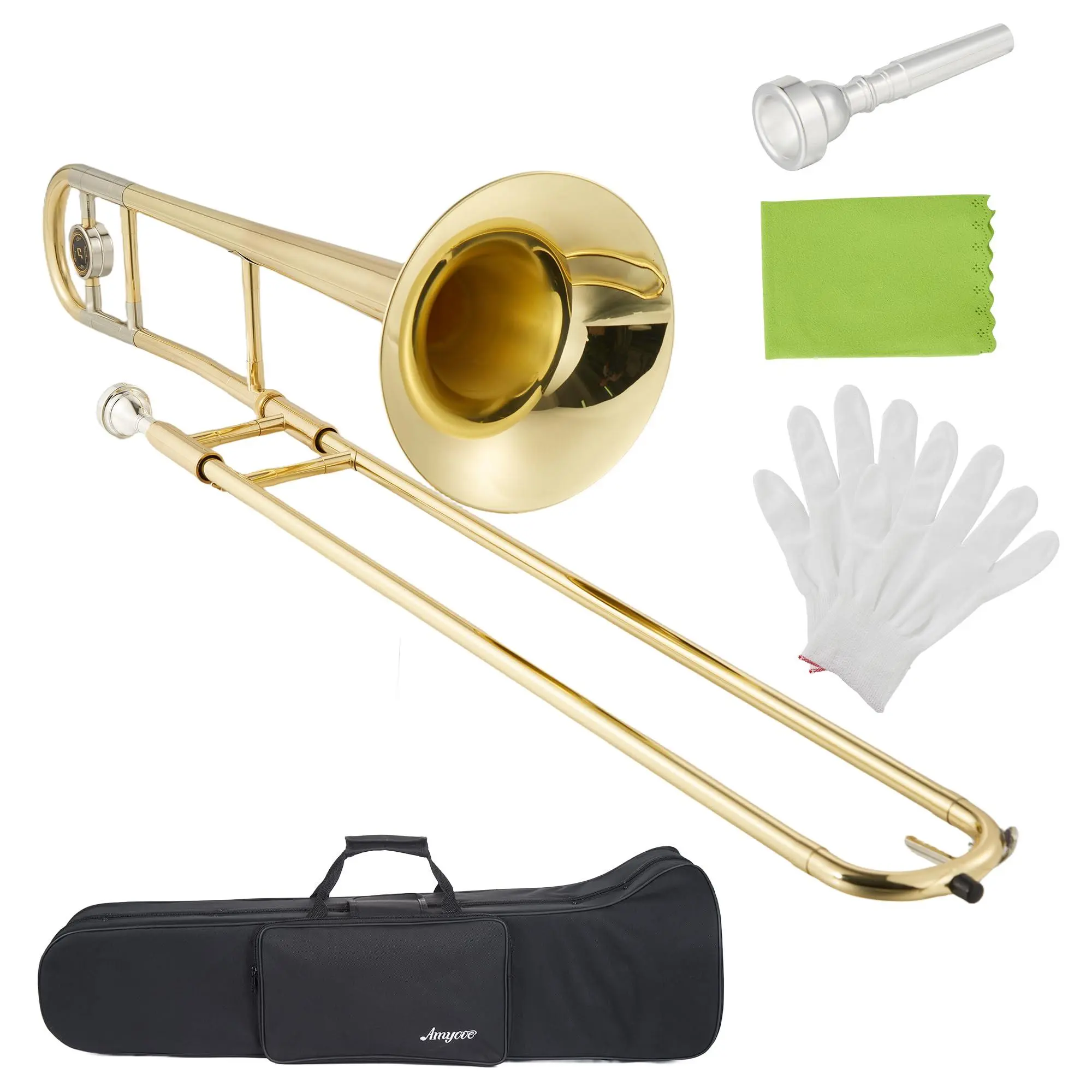 Affordable Gold Lacquer Brass Bb Alto Trombone Kit for Beginners, Lightweight Solid Brass Instrument with Accurate Tone, Penetrating Sound, Complete Ready-to-Play Kit Including Hard Case, Mouthpiece, Cloth, Gloves