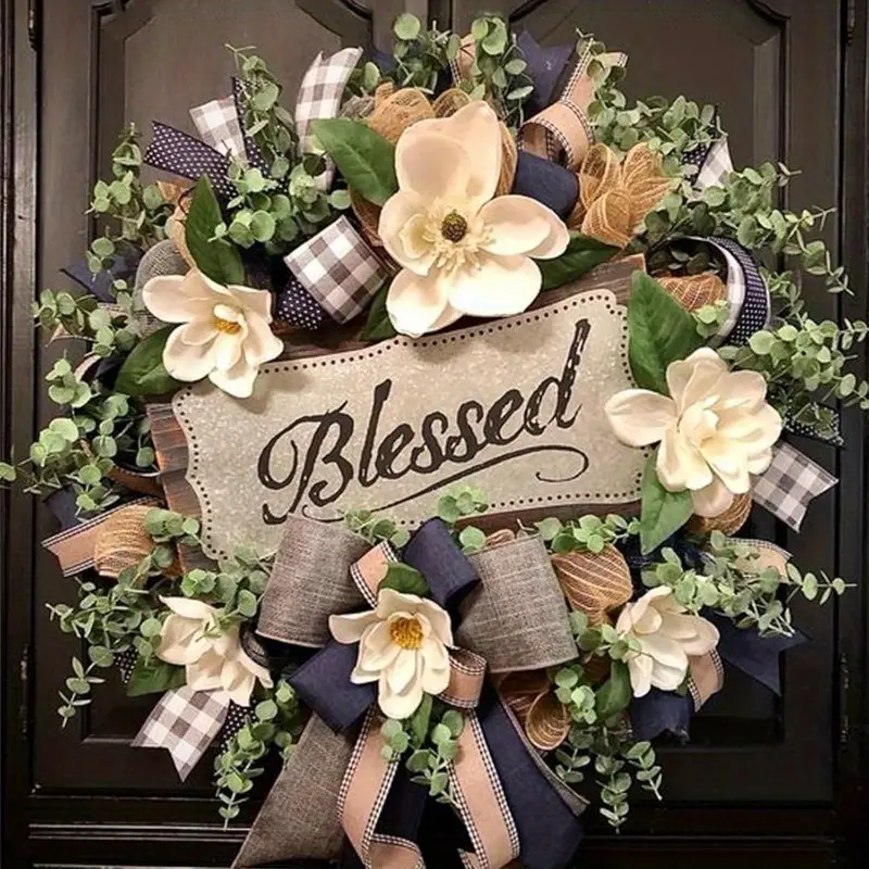 Zmocen 22-in Farmhouse Front Threshold Wreath - Front Door Decor, Artificial Blooms Bouquet Wreaths with Beige-Blue-Brown Plastic/Iron/Silk Arrangement, White Magnolia-Like Accents, Weatherproof Lasting Art Deco Porch Hanging Decoration, Maintenance-Free,