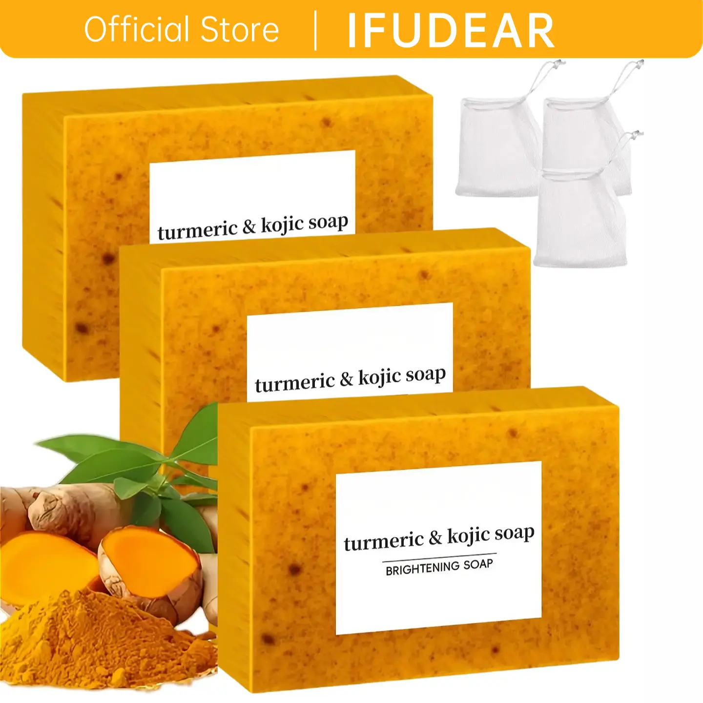 [IFUDEAR Official] Kojic Acid Turmeric Soap 100g | Dark Spot Remover and Acne Facial Cleanser | Natural Brightening and Oil Control for Face and Body | Lemon Turmeric Kojic Acid Bar | Daily Korean Skincare