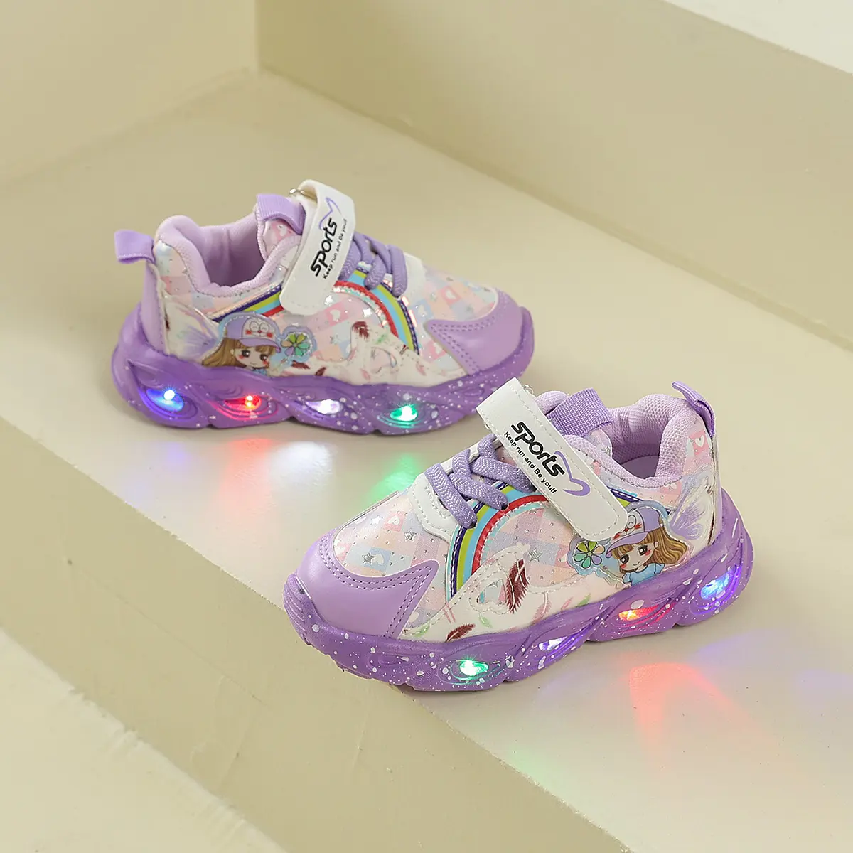 Toddler Girl Girly LED Lighting Shoes - Cute Princess Cartoon Design, Soft PU Leather Rubber Sole Trainers, Back to School Playground Toddler Girl Stuff Daily Outdoor Use Sneakers, Round Toe