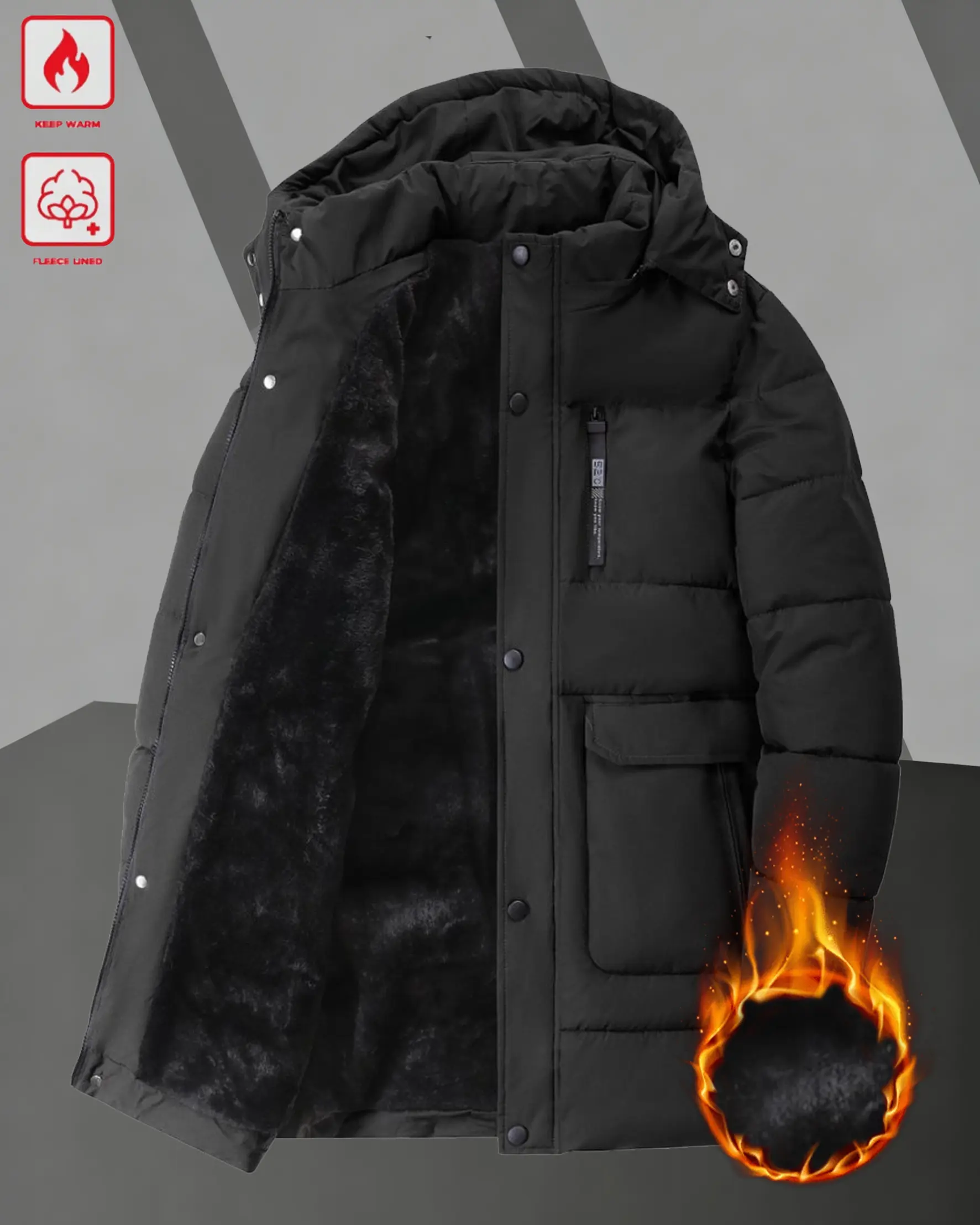 Men's Winter Mid-Length Fleece-Lined Thick Warm Hooded Coat - Loose Fit Menswear Longsleeves, Suitable for Daily Casual Wear and Social Gatherings, Practical for Winter Outings