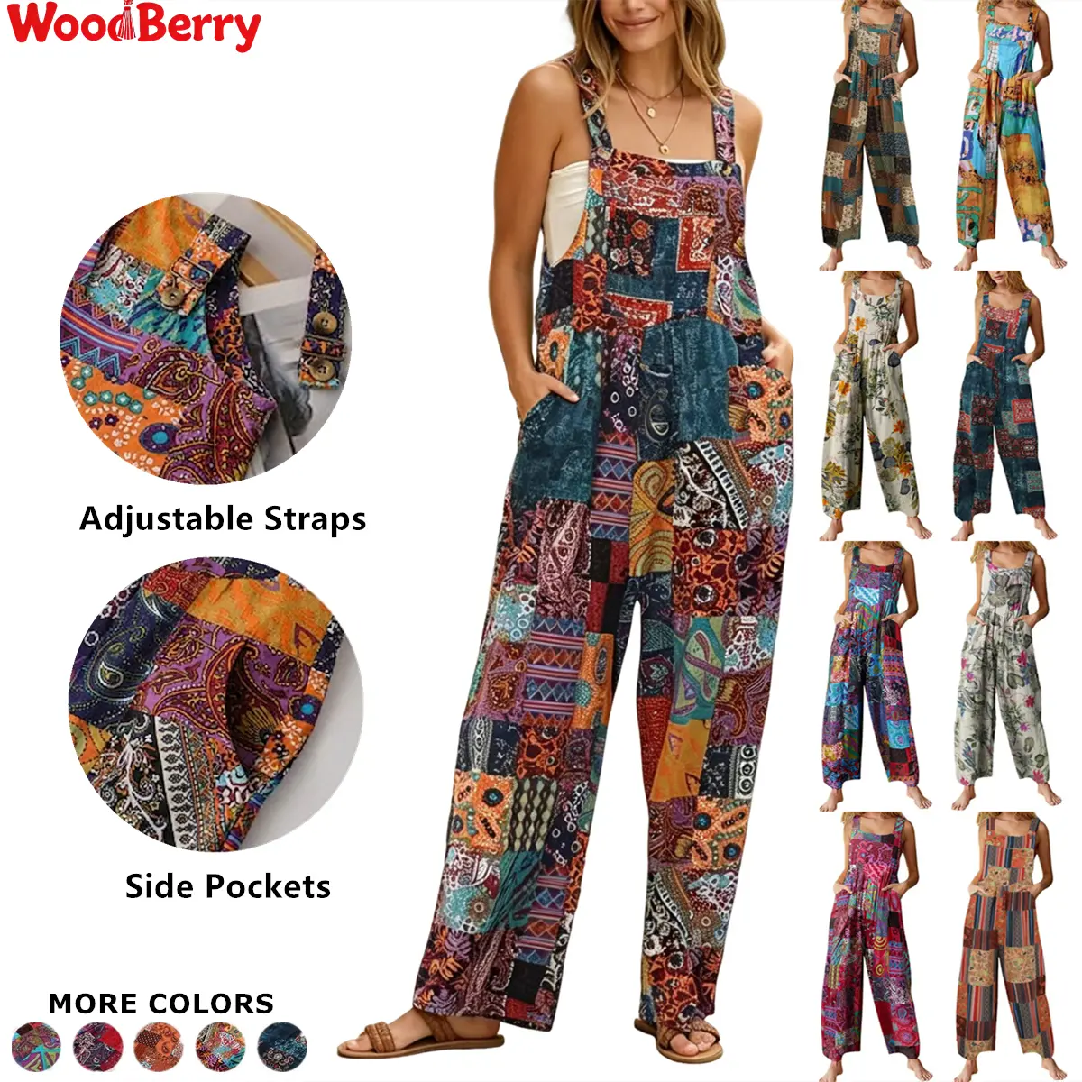 Women's Patchwork Bib Overalls - Loose, Cute, Floral Print Bohemian Wide Leg Ankle Length Jumpsuit with Pockets, Button Closure, Holiday Casual Womenswear for Hang Dry
