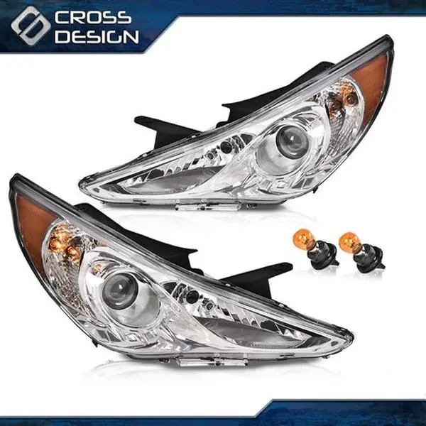 CROSSDESIGN Pair Set Replacement Headlamp Assembly for 2011-2014 Hyundai Sonata, Chrome Plastic Shell Halogen Bulbs, Heat-Resistant Car Headlights with Stylish Design