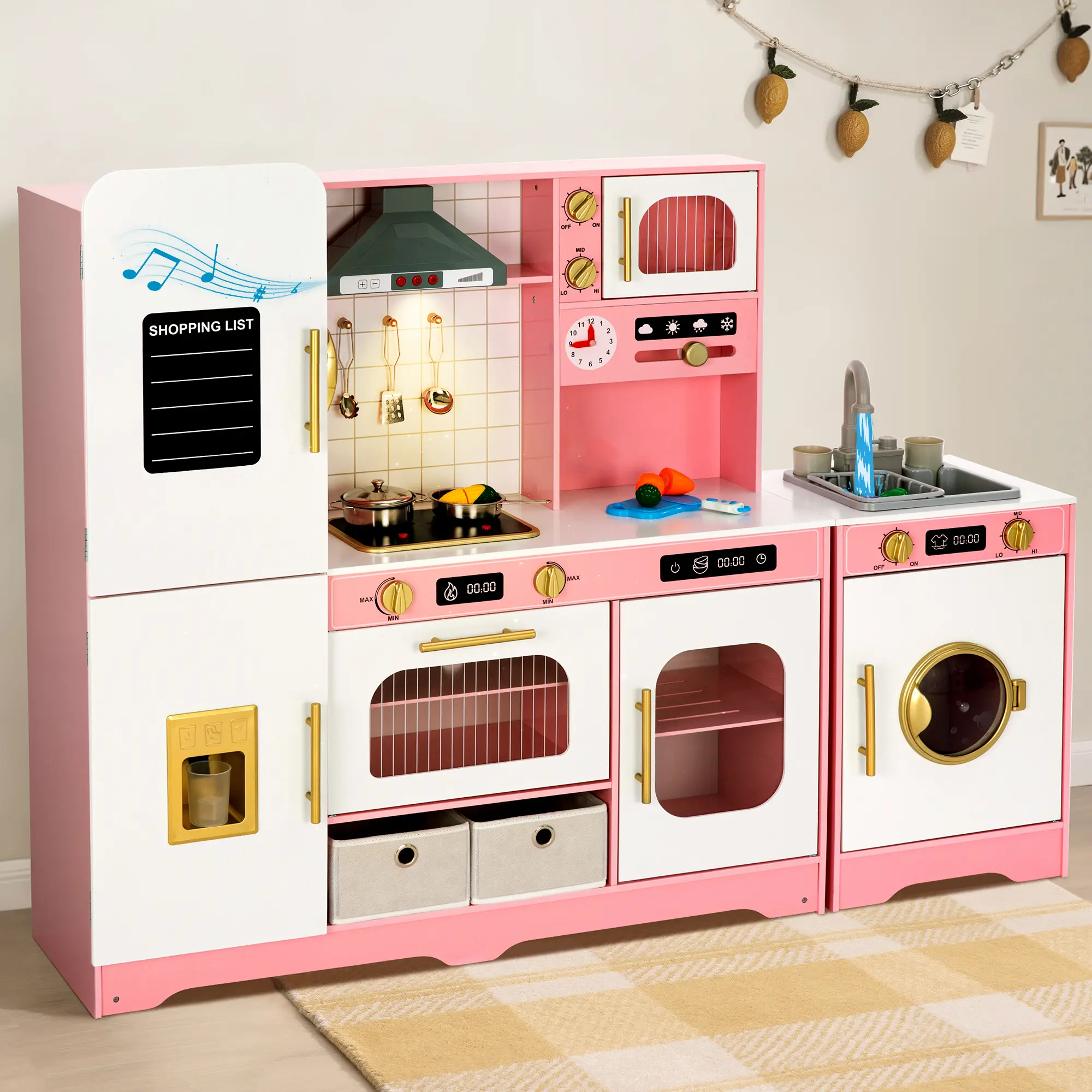 [Summervibes] PHIVILLA Home 53" Extra Large Kids Wooden Kitchen Playset with Fridge, Oven, Sink & Washing Machine, Pretend Play Cooking Toy with Storage for Toddlers Boys & Girls