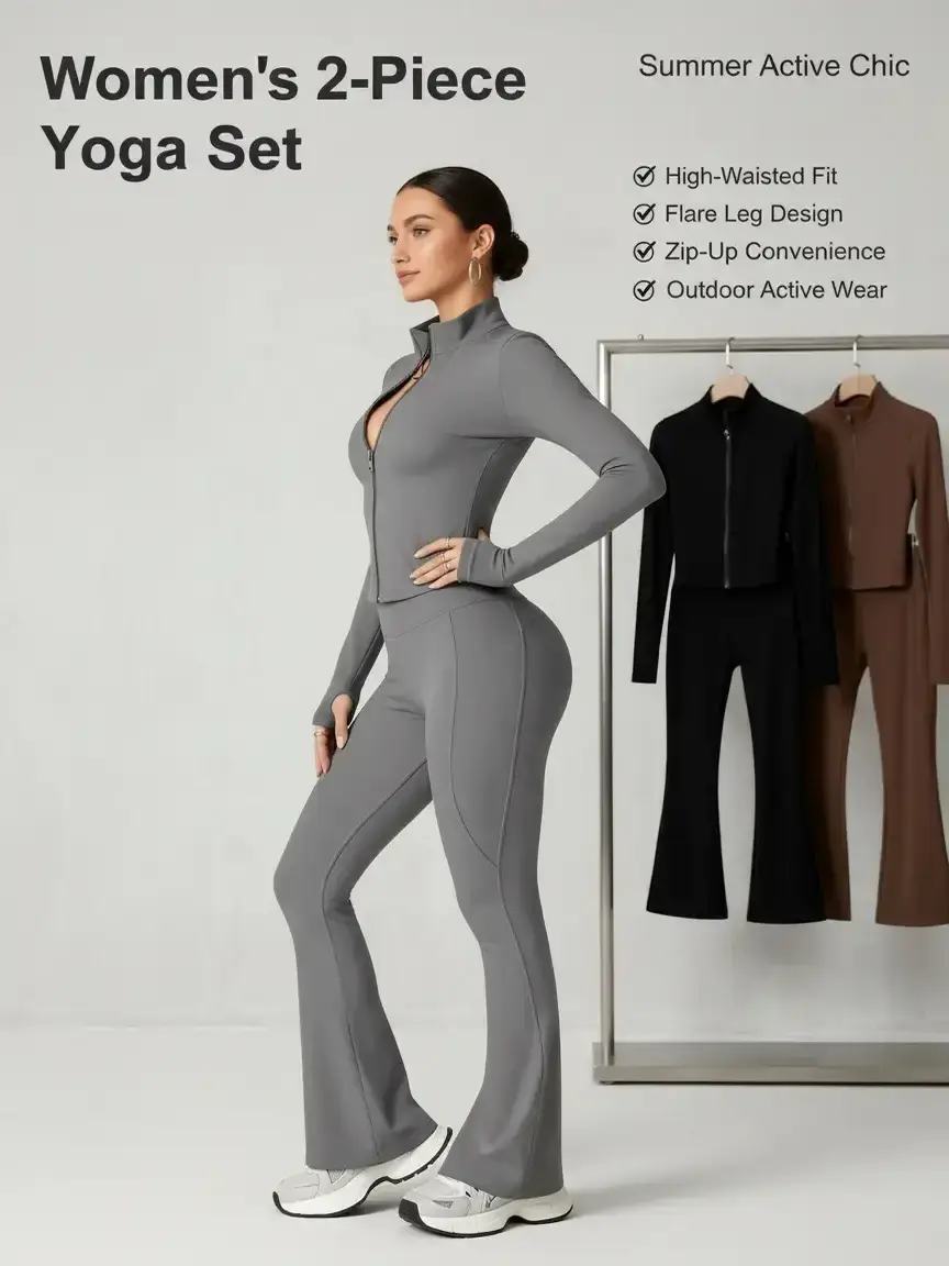 Women's 2-Piece Yoga Workout Set - Zip-Up Long Sleeve Crop Top & High-Waist Flare Leg Pants, Athleisure Sportswear for Summer Outdoor Activities, 2 piece sets women, Women 2 Piece Sets Athletic Fashion Activewear sohochic