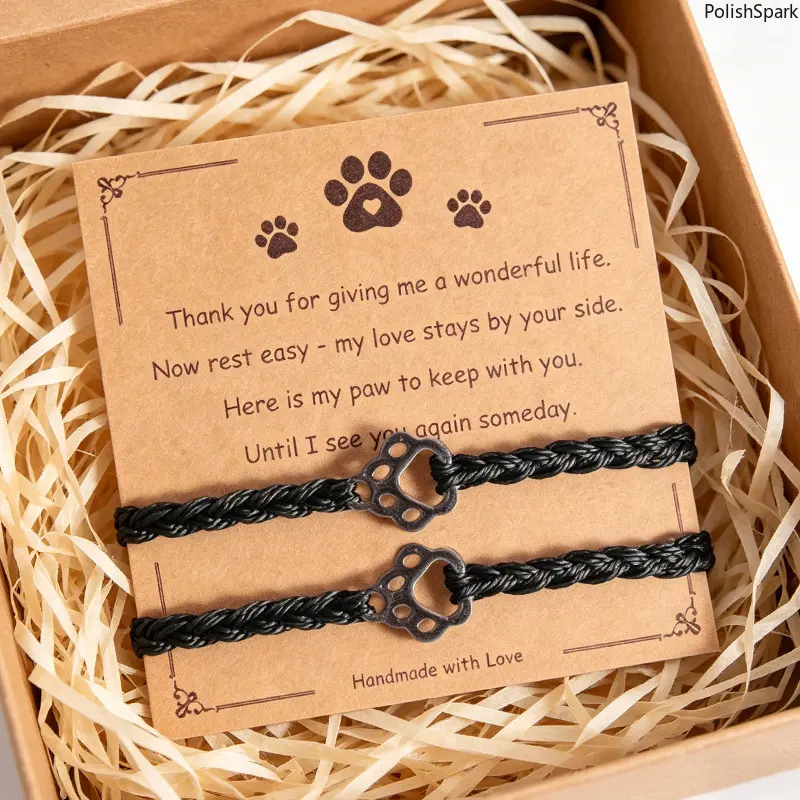 Vintage Paw Print Memorial Bracelets, 2-Piece Handmade Braided Cord Jewelry Set for Pet Loss, Adjustable Sympathy Gift with Card, Bracelets Jewelry, Adjustable Size, Matching Bracelets, Animal