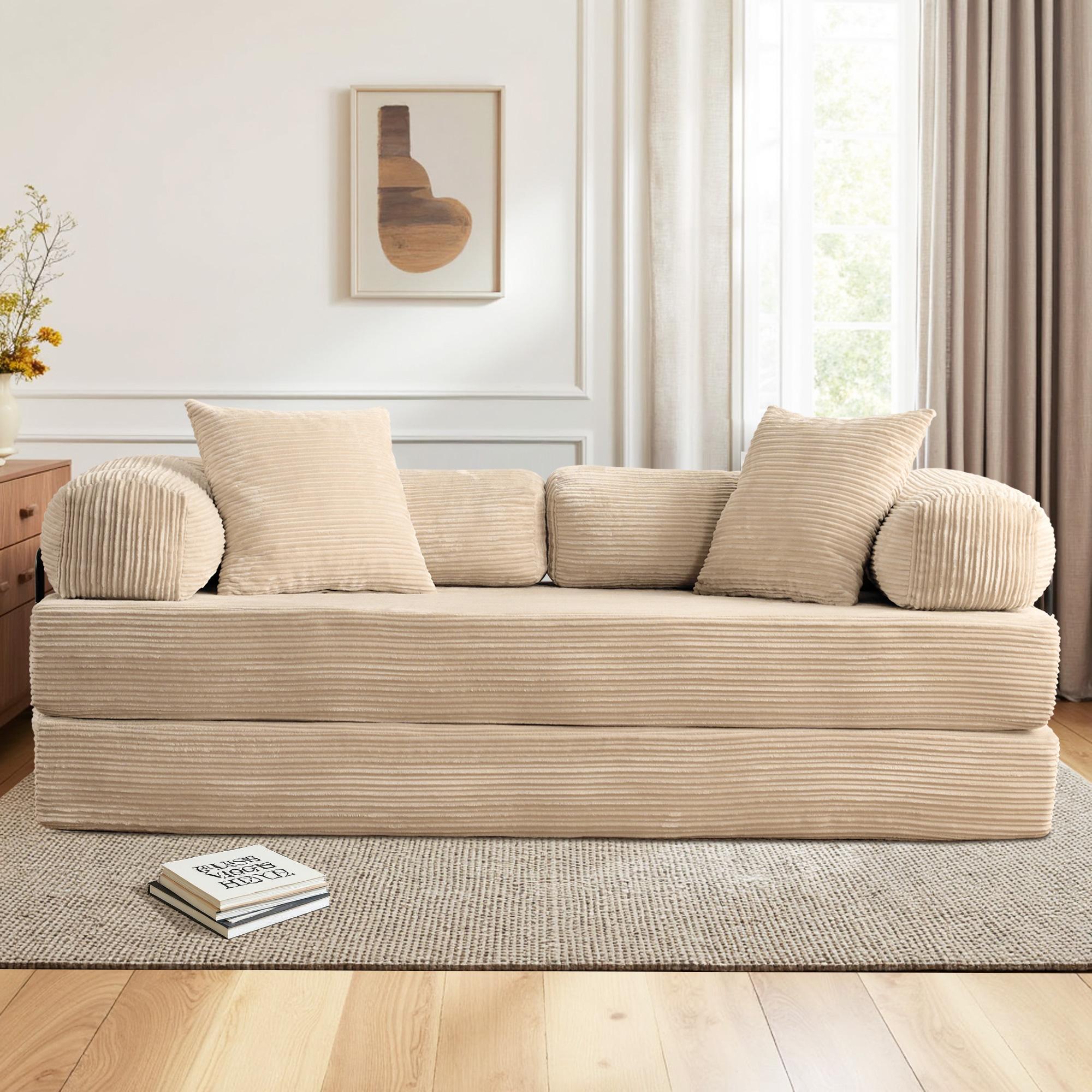 【Stock Up Sale】Ovios 81" Convertible Boneless Sofa Bed, Fold Out Loveseat Sleeper Couch with Pillow, 4 in 1 Modular Cloud Corduroy Folding Queen Bed Floor Mattress, Lazy Chair for Living Room Bedroom