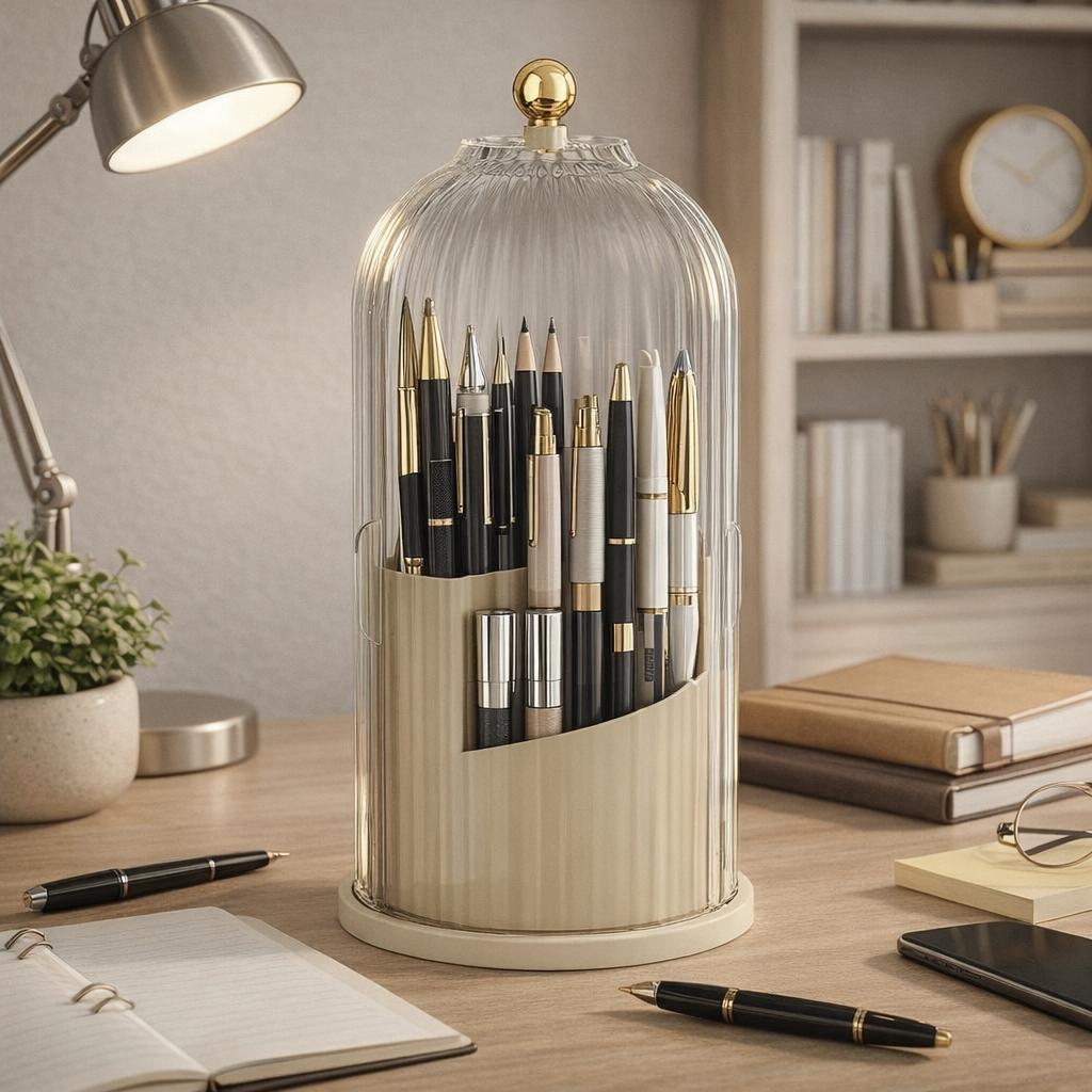 Pen Holder Organizer with Lid,360 Rotating Clear Dustproof Desk Organizer for Pens, Pencils & Office Supplies