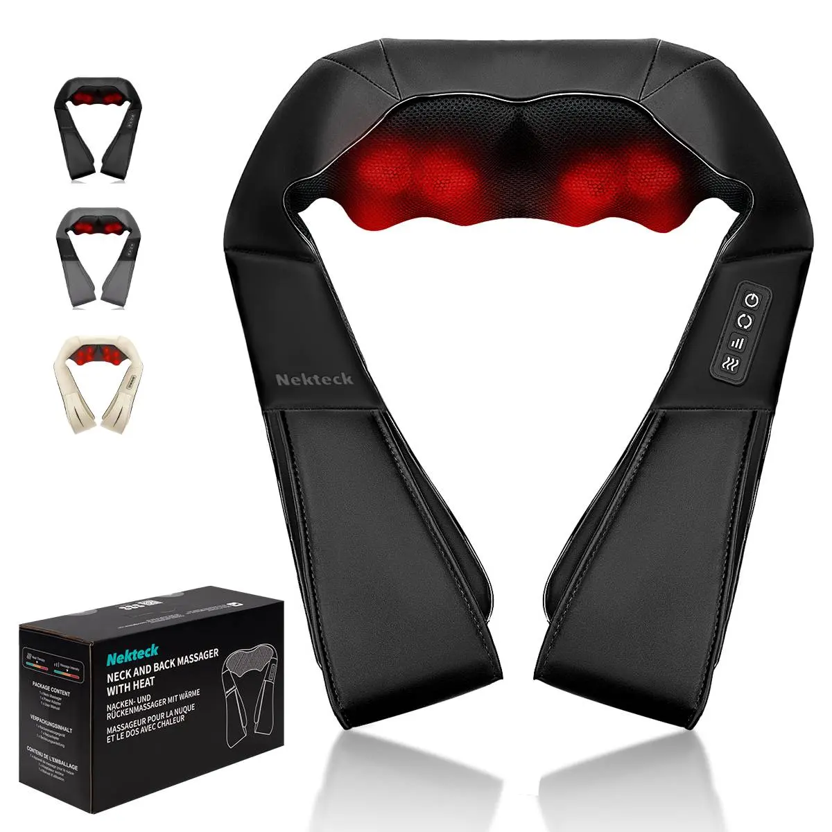 Shiatsu Neck and Back Massager with Soothing Heat, Ergonomic 8 Deep-Kneading Massage Nodes with Heat Electric Shiatsu Back Massager for Neck Shoulder & Body Muscle Relief Portable 12V DC Power Supply - Black