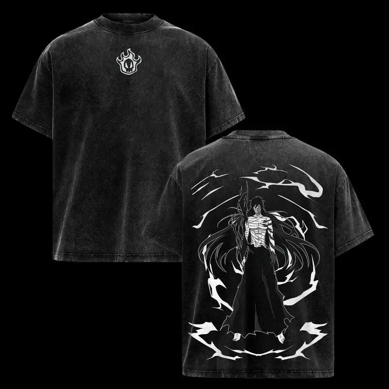 Vintage Ripped Cotton T-Shirt for Men, Kurosaki Ichigo Bankai Graphic Print with an Oversized Streetwear Fit, Tshirt, Distressed, Festive, Round Neck, Vintage Retro, Oversized Cut, Oversize Cut, Retro Look