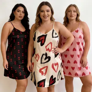 3pcs Plus Size Heart Print pajama sets women pajamas suit Cherry Heart Print Pajama Set flash sale clothing for silky nightgown  women indoor wear sleeveless nightdress sexy nightdress lingerie elegant nightwear comfy home wear Womenswear Loungewear