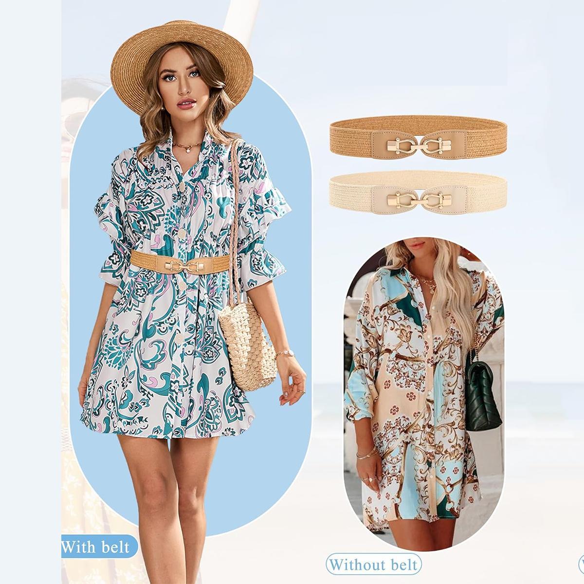 2-Piece Set Women Straw Belt Elastic Waist Metal Buckle Breathable Elegant Boho Braided Belt for Dress Casual