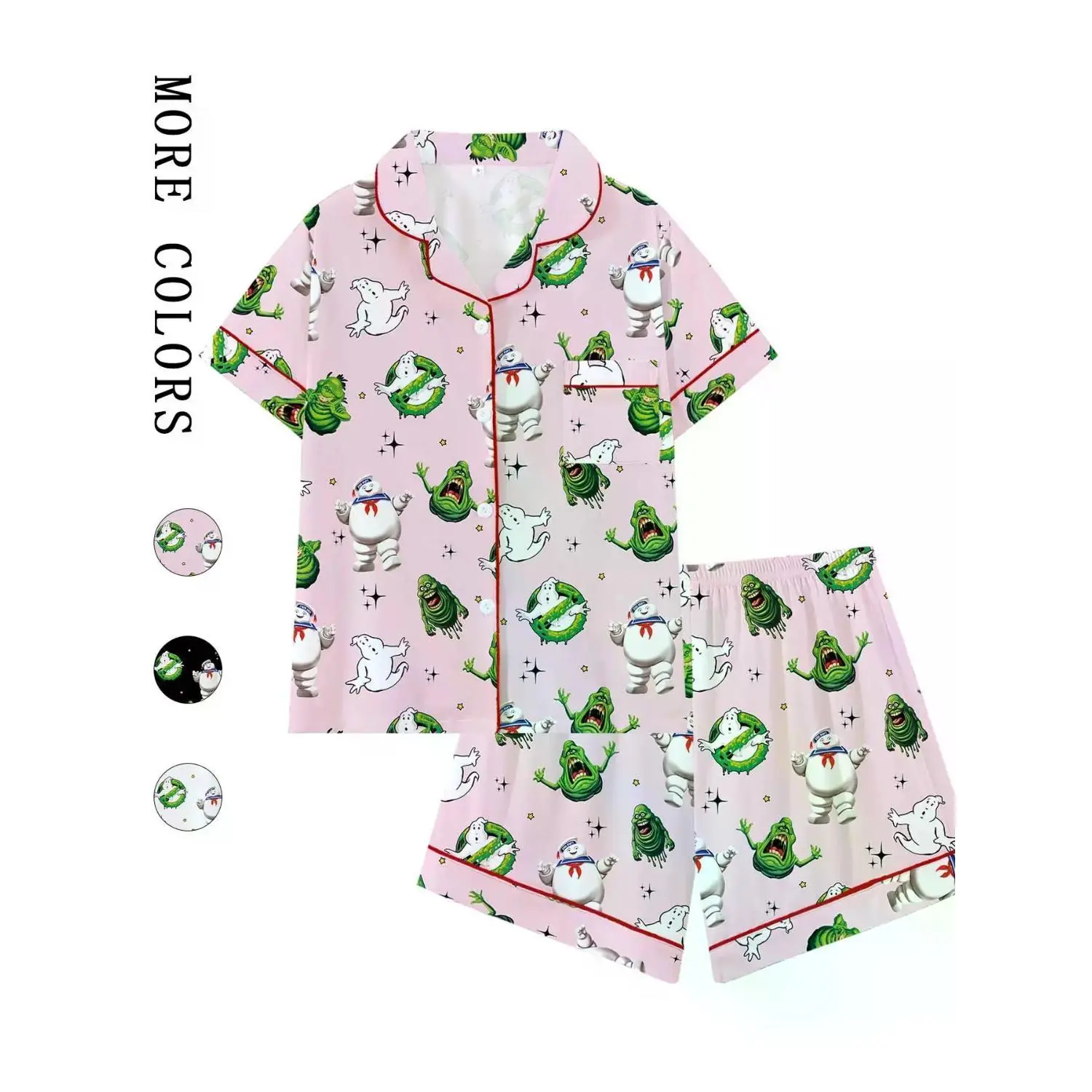 [Halloween] 80s Retro Monster Print Women's Pajama Set | Adorable Pink Paranormal Graphic Button-Up Sleepwear | Soft 2-Piece Short Sleeve Summer Lounge Set | Fun Sleepover PJs | Cozy Quirky Home Loungewear Pyjamas
