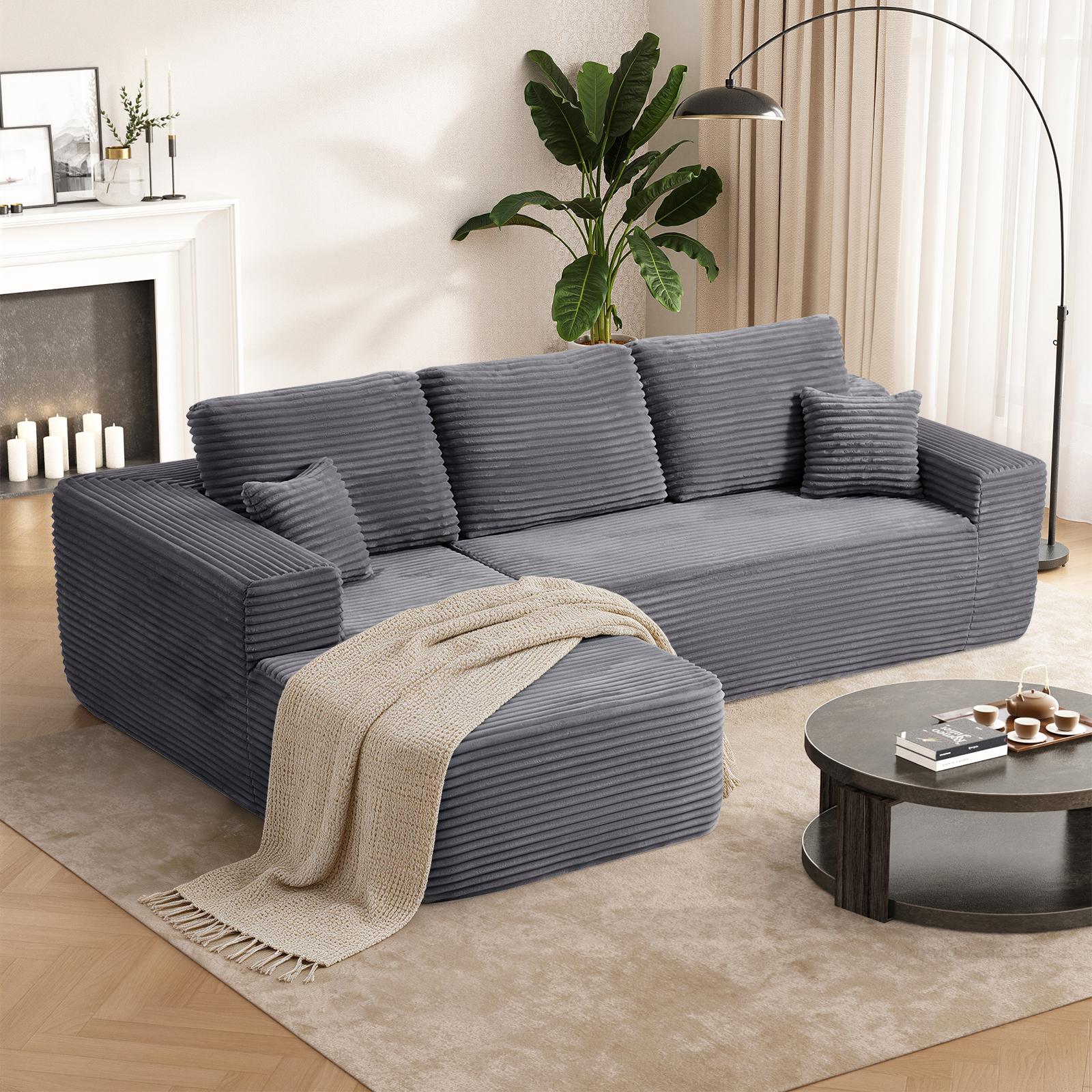 96.9" Cloud Sectional Sofa with L-Shape Chaise and Side Pockets , bonelesscouches compression  bed ,Modern Modular Design, Deep Seating, Upholstered  for Living Room/Bedroom, No Assembly Required (Corduroy Fabric), Left-facing