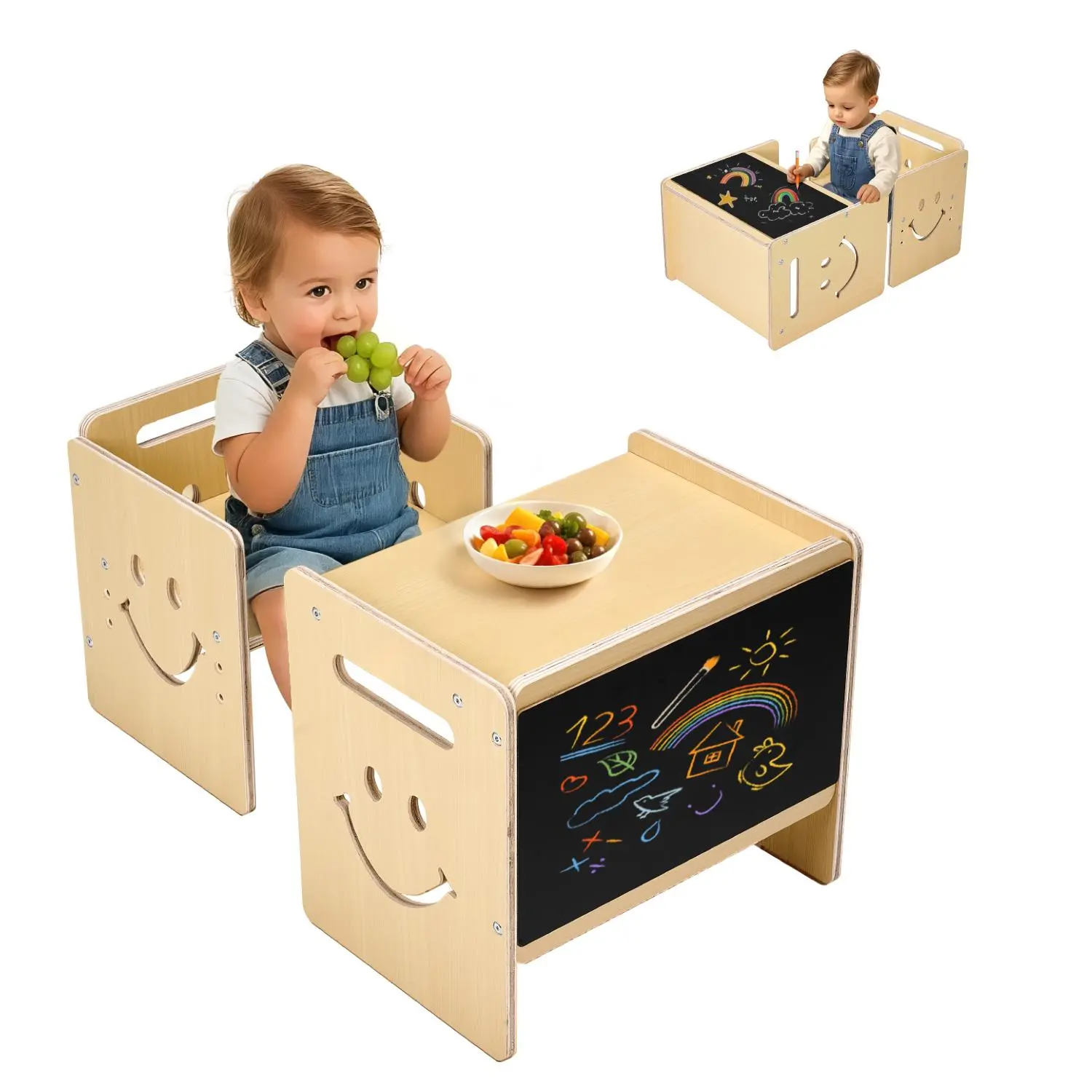 【SummerFinds】VEVOR Montessori Weaning Table and Chair Set,  , 3 In 1 Wooden Toddler Table and Chairs with Chalkboard, Adjustable Height Montessori Table for Ages 1-5, Ideal for Drawing, Reading, Eating - Natural