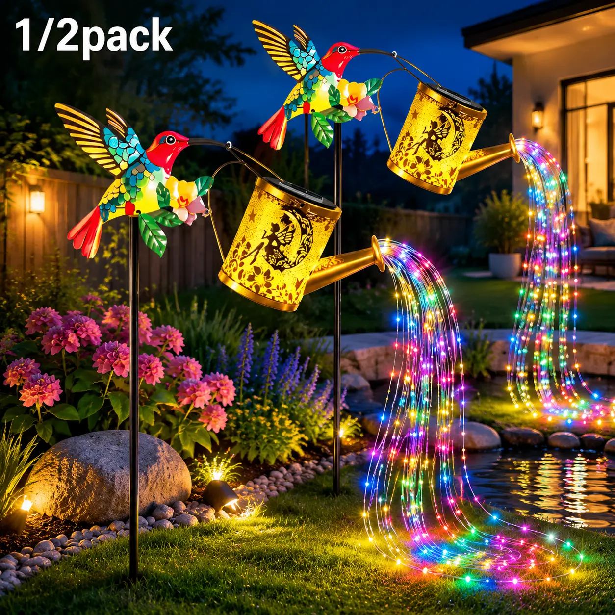 1 piece solar metal painted hummingbird teapot lamp; fairy moon teapot-shaped lamp; outdoor waterproof model; flowing waterfall effect courtyard ambient light; lawn patio landscape light; holiday decorative lights for weddings, Christmas, and Halloween