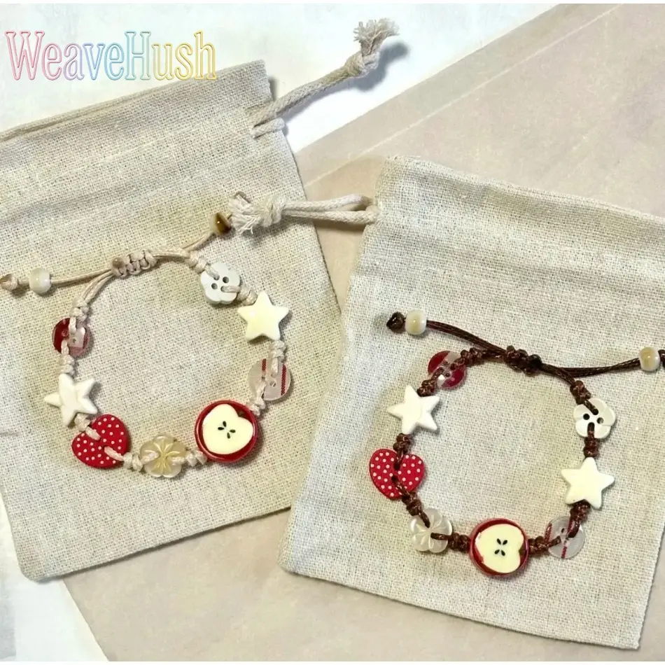 Handmade Cute Apple Star Beaded Bracelet, Adjustable Woven String Bracelet, Boho Cottagecore Jewelry with Heart & Flower Charms, Gift for Teen Girls, Best Friends, Aesthetic Summer Accessory