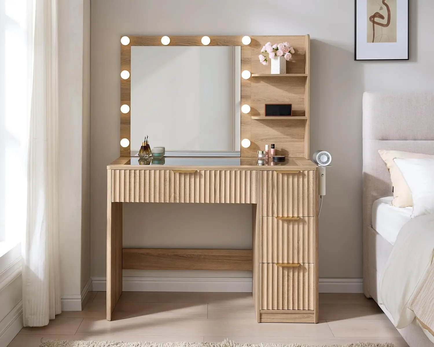 AMERLIFE 36.2/47.2" Fluted Vanity Desk with Mirror and Adjustable LED Lights, Large 4/7 Drawers Makeup Table with Glass Top and Charging Station for Women and Girls,,Best Gift Ideas,Lighted Vanity Table #homemakeover