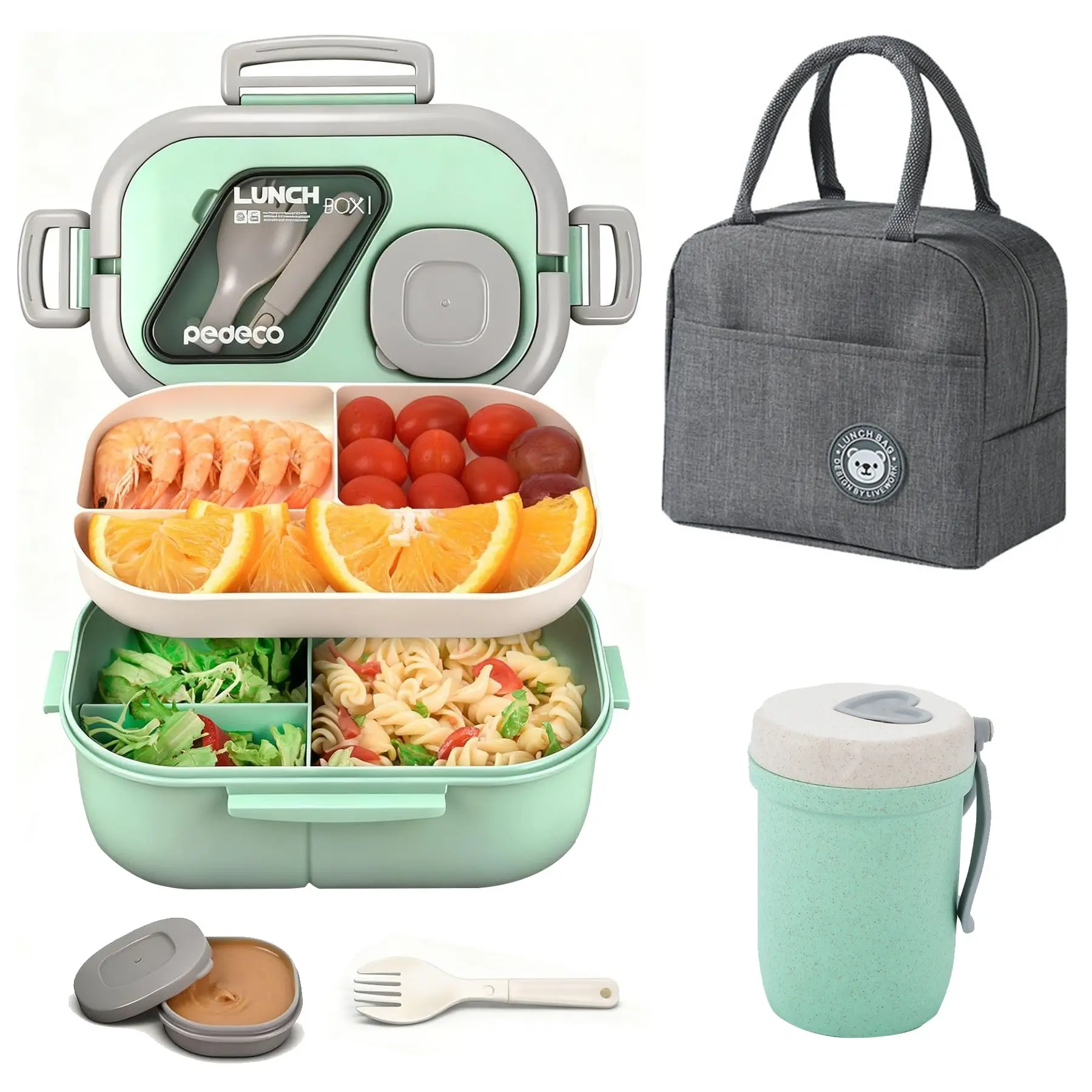 3-Piece Portable Lunch Set, Bento Box, Soup Cup, Lunch Bag, Suitable for Adults and Children, Keeps Food Fresh, To Go Food Containers, Reusable Meal Prep Containers