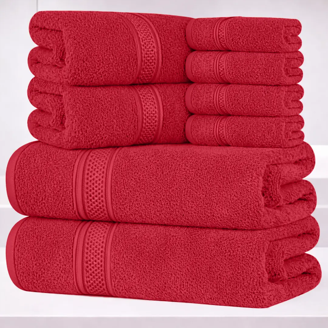 Unisex 8-Piece Luxury Hotel-Quality Red Turkish Towels Set, 100% Thick Breathable Absorbent Soft Cotton, 2x27x54in Bath Linens, 2x16x27in Hand Towels, 4x12x12in Washcloths, Home Bathroom Use, Thoughtful Mom Gift sohochic