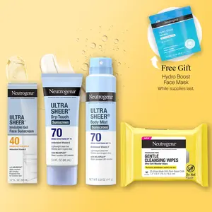 Neutrogena Sun-Ready Collection with FREE Hydro Boost Sheet Mask | Water Resistant Face & Body SPF plus Gentle Cleansing Wipes for SPF Removal