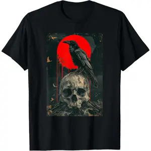 Red Moon Black Gothic Raven Skull Graphic Black Crow T-Shirt fashion round neck men gifts tees good Men's Cotton Casual T-Shirts Vintage Designer Oversized T-Shirt