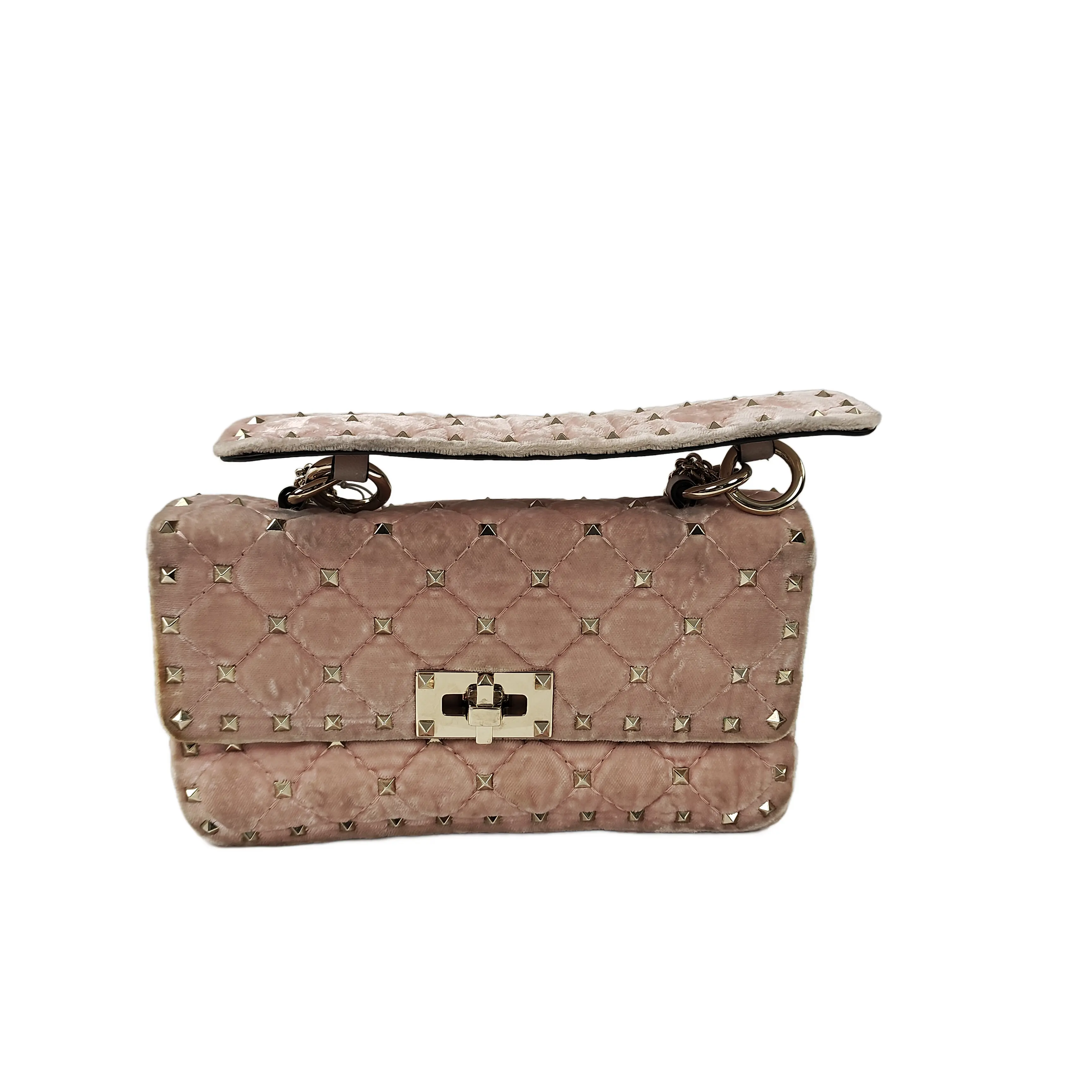 Pre-owned Valentino feather Crossbody Bags Garavani Rockstud Spike Medium Pink Velvet Quilted Shoulder Bag gh491#