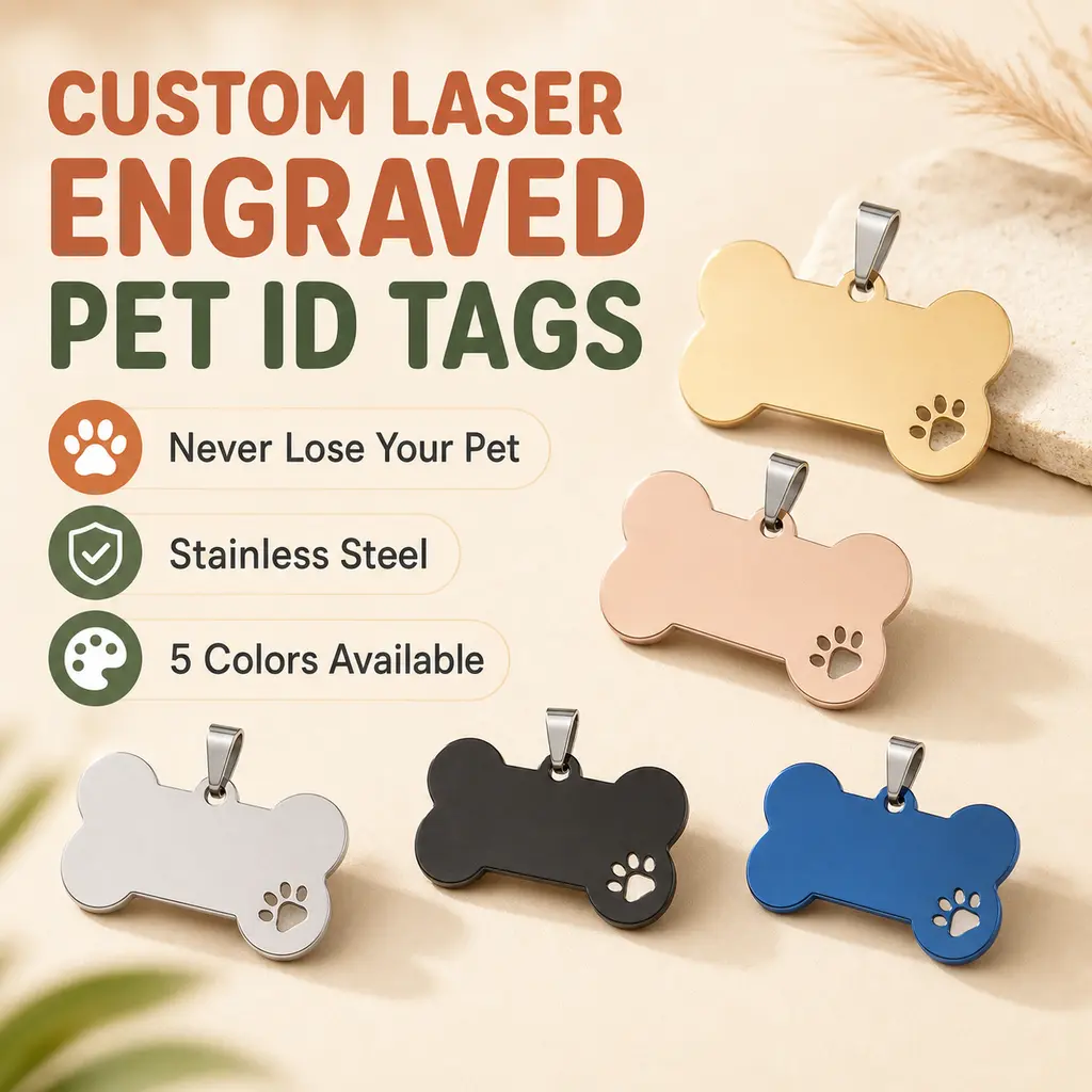 Custom Laser Engraved Bone Shape Pet ID Tags, Stainless Steel Personalized Dog Name Tag with Paw Cutout, Custom Name & Phone Number Pet Collar Tag