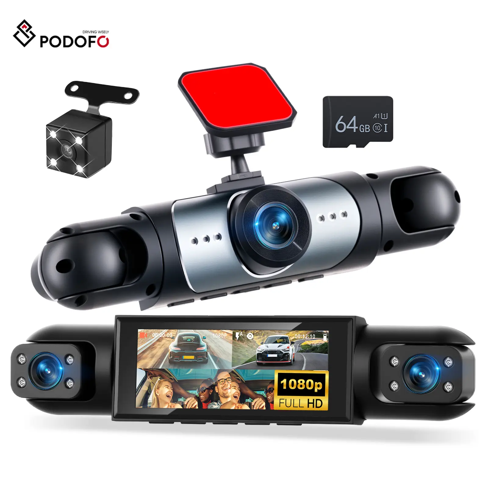 SummerVibes 4-Channel 1080P Car Dashcam DVR - 64GB Micro SD Card Included, HD Screen, Night Vision, 24/7 Parking Mode, 360° Surround Front+Rear+LR View, Adjustable Bracket, Loop Recording, Crash Lock, Car Accessories (Father's Day Gift Option), Accessorie