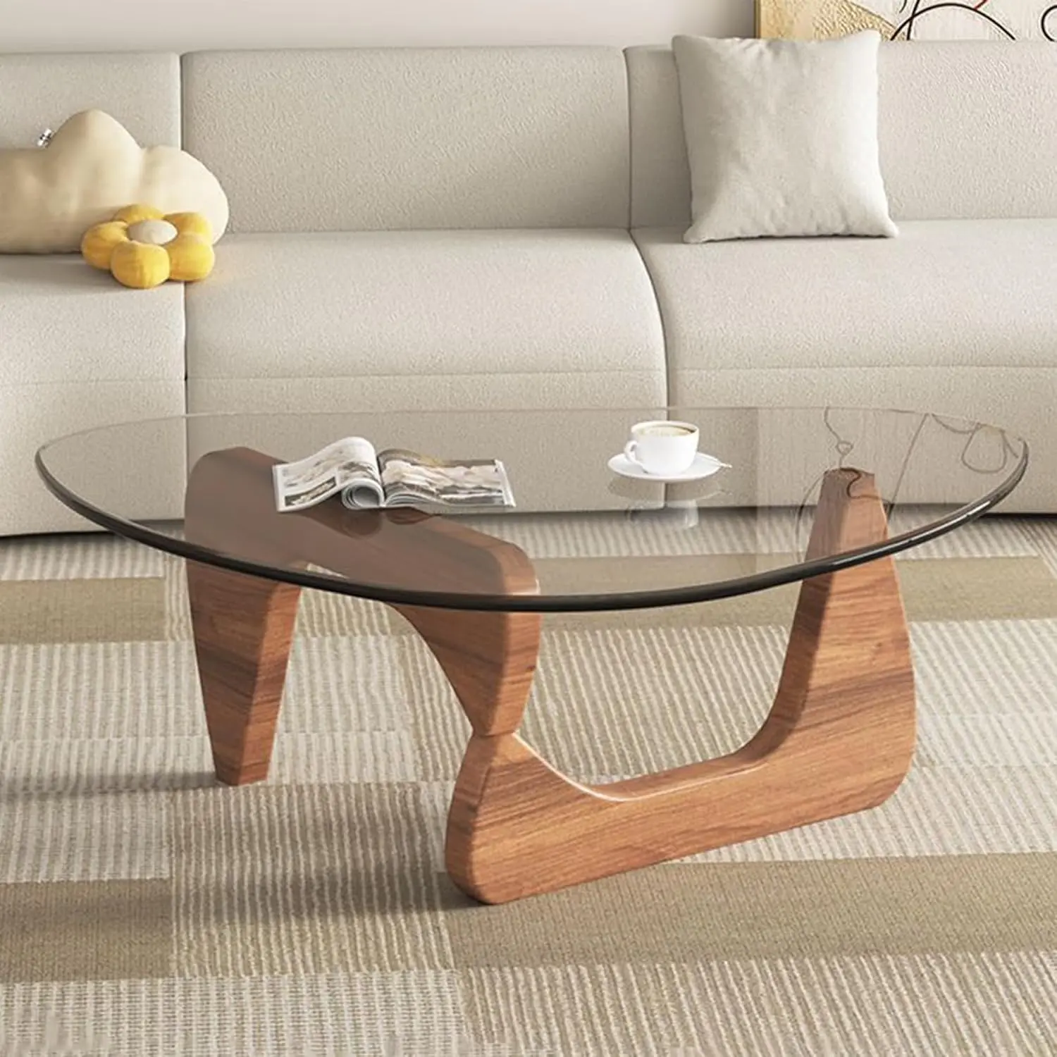 Mid-Century Modern Triangle Coffee Table - Walnut Solid Wood Pedestal, Transparent Glass Top, 36x25.6x16 in Low-Profile Minimalist Tea Table for Living Room Home Decor