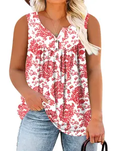 ROSRISS [14-28W] Plus-Size Henley Sleeveless Shirts for Women Summer Casual Tops Buttons Tees RPS2103 Fit Pleated