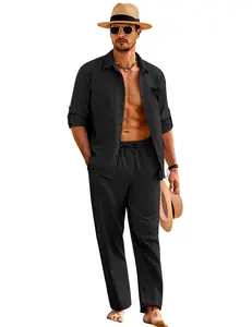 Coofandy Men's 2 Piece Sets Casual Long Sleeve Button Down Cuban Shirt & Loose Pants Set for Beach Vacation Outfits Soft Classic Linen Fabric