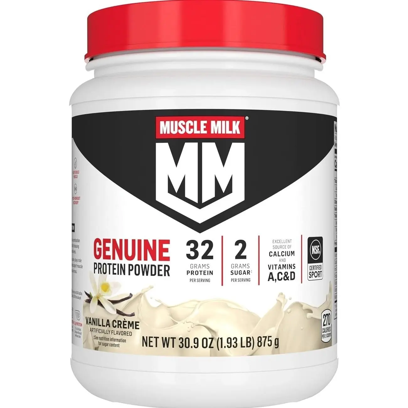 Muscle Milk Genuine Protein Powder, Vanilla Crème Flavor, 1.93 lbs, 12 Servings, 32g Protein, 2g Sugar, Calcium & Vitamins A-C-D, NSF Certified for Sport, Energizing Fitness Snack (Packaging May Vary)