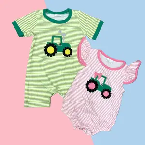 Sibling Matching Tractor Embroidered Baby Romper, Green Striped Boy & Pink Ruffle Girl Farm Onesie For Summer