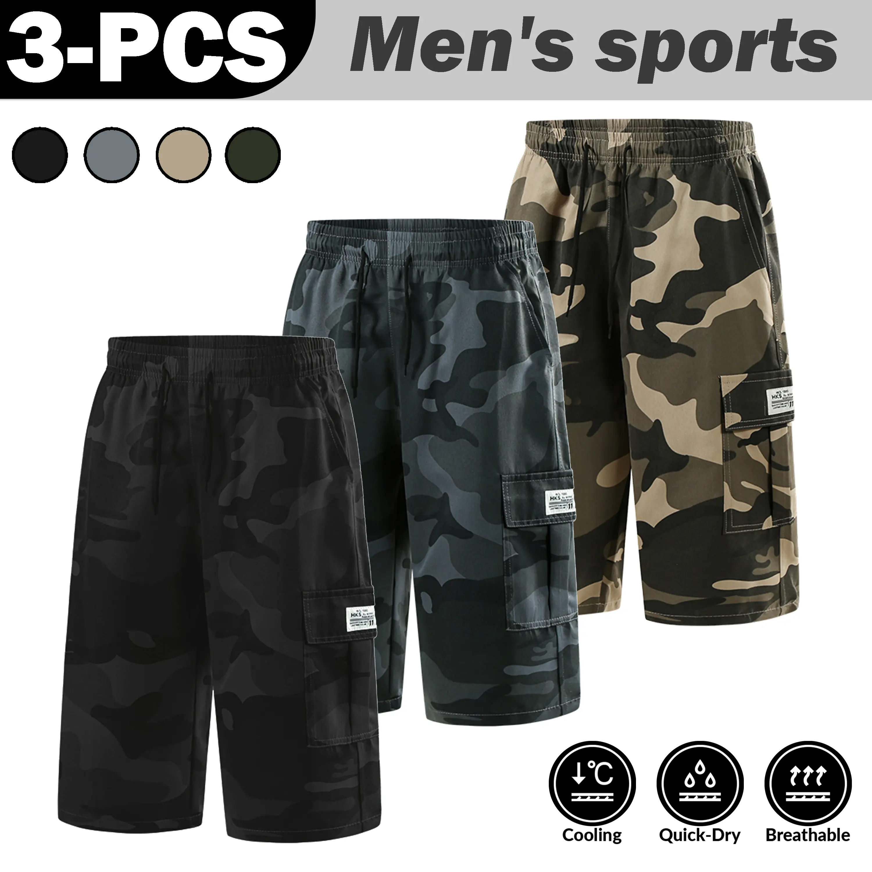 Men's 3-Pack Cargo Shorts, Loose Fit Athletic Camo Fashion Shorts with Drawstring and Pockets for Gear, Quick-Dry Breathable Fabric for Outdoors, Street, M, Heat‑Ready Shorts