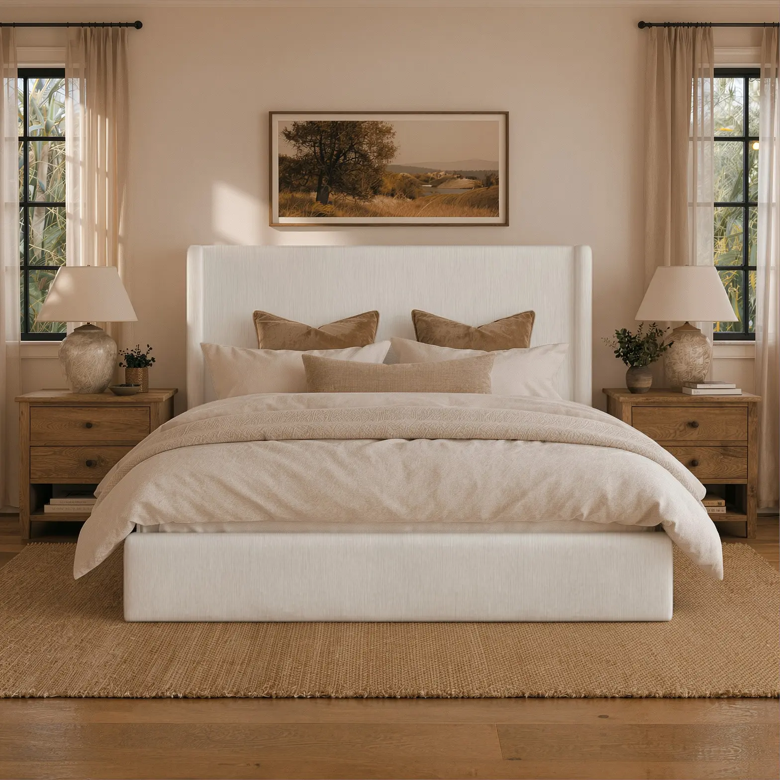 RECCI Queen Upholstered Bed Frame - 53” Tall Wingback Headboard, Silent Metal Support, Luxury Polyester Large Padded Bedroom Furniture, Modern Elegant Design, No Box Spring Needed, Easy Assembly, Tall Headboard