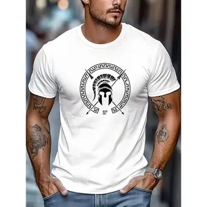 Men's Spartan Helmet T-Shirt - Ancient Greek Warrior Design with Sparta Logo Print, Breathable Summer Short Sleeve Top for History Buffs, Gym & Casual Wear - Spartan Armor Costume Apparel