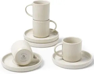 ONE of ONE Star Espresso Cups and Saucers Set of 4, [ Mini ] 3 oz Ceramic Small Coffee Mug with Handle, Ribbed Stoneware Demitasse Cup for Tea, Latte - Microwave & Dishwasher Safe