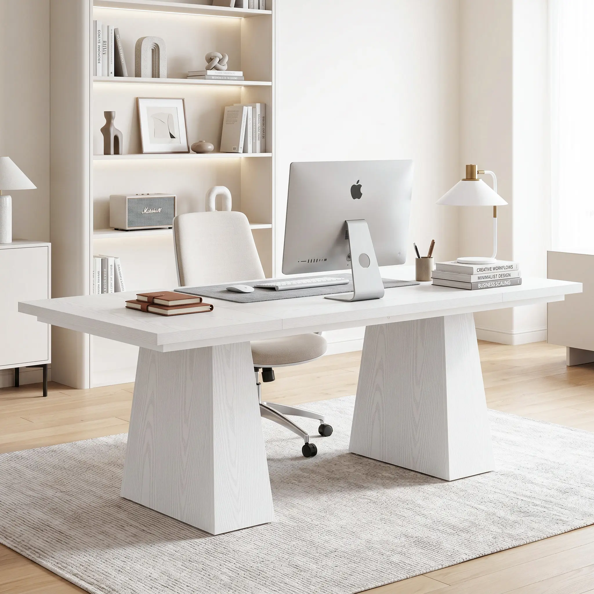 Spaco 63" Modern Executive Desk with A-Frame Legs – Stylish White Wood Finish Computer Workstation for Home & Office