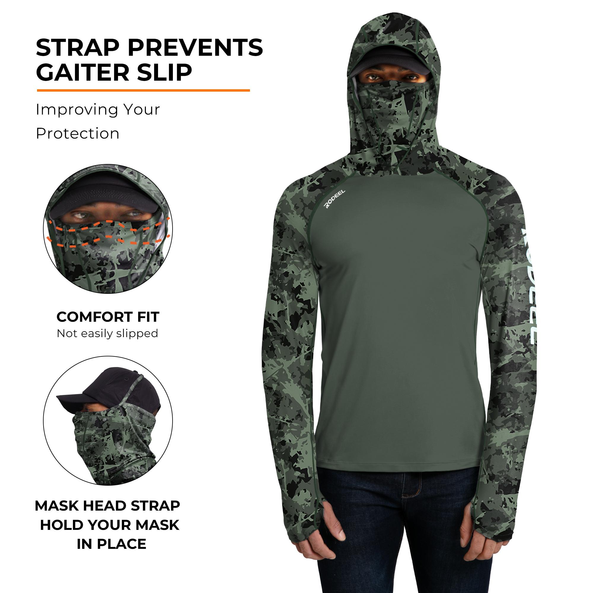 RODEEL 934 Sun Hoodie Shirts w/ UV Detection Mask Neck Gaiter Thumbhole Men UPF 100+ Sun Protection Long Sleeve Lightweight Quick Dry Moisture Wicking Breathable Cooling Activewear for Outdoor Sport Fishing Construction Roofing, Holiday Gift