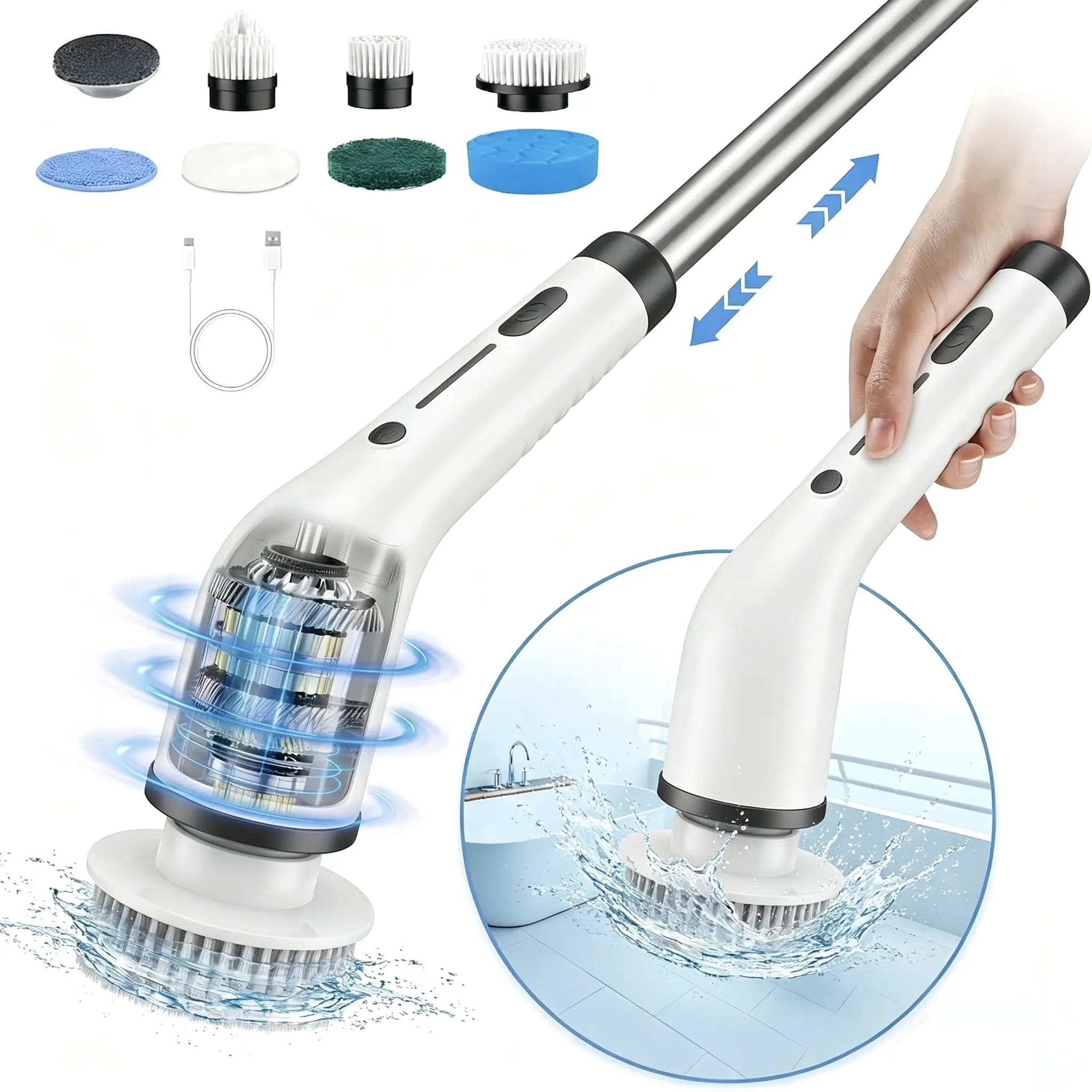 8-in-1 Cordless Handheld Portable Wireless Rechargeable Waterproof Cleaning Tool - IPX7 Moisture Resistant, Adjustable Speed, Extendable Handle, 100-Minute Long-Lasting Battery, Multi-Surface Brushes, Kitchen/Bath Deep Clean, Mother’s Day Gift
