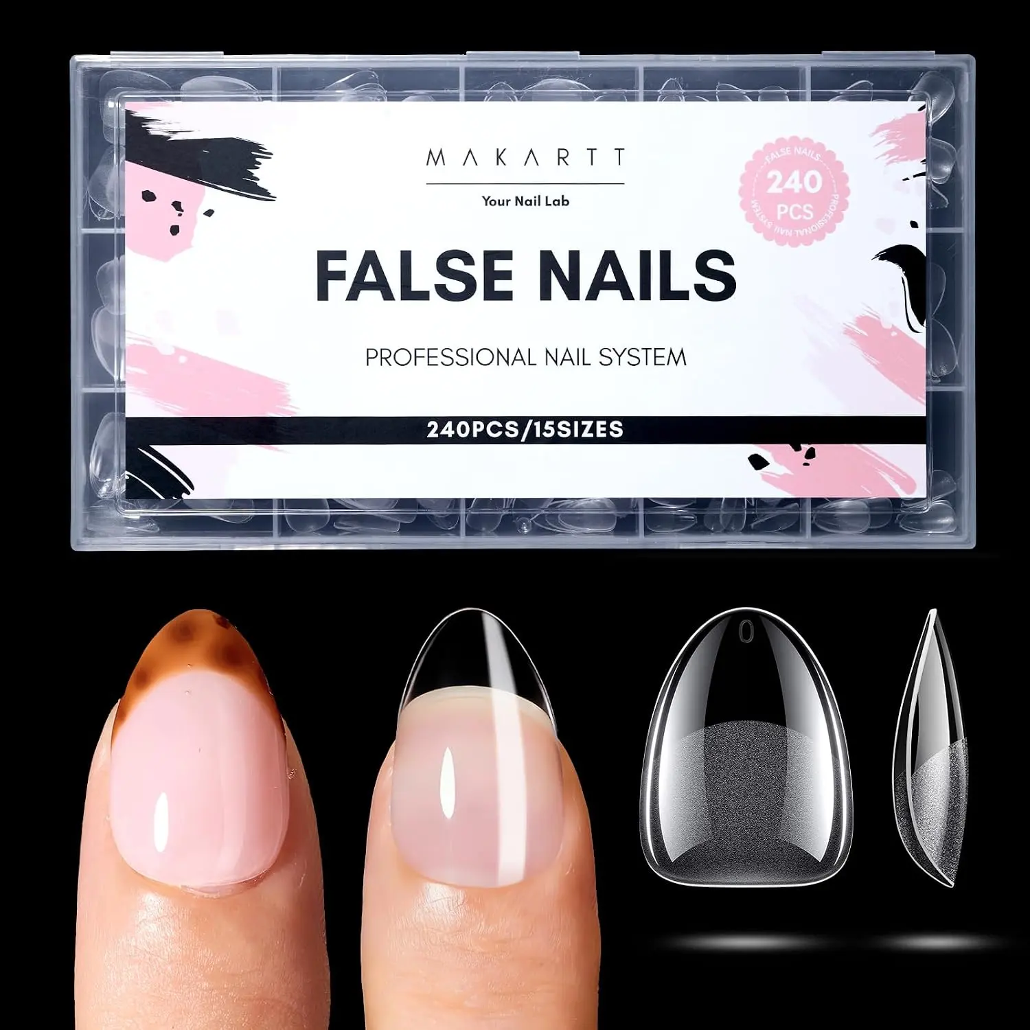 Makartt Extra Short Almond Nail Tips: 240PCS, 15 Sizes, Half Matte, Clear Fake Nails - Full Cover Soft Acrylic Press On Nail Extensions Supplies Salon and Home DIY for Flat & Natural Nail Beds