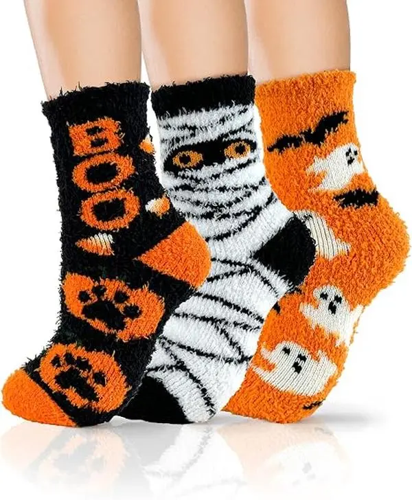Halloween Fall Gift 3-Pair Fuzzy Socks for Women, Soft Plush Cozy Halloween Socks, Cute Pumpkin & Ghost Fluffy Slipper Socks, Boo Basket Stuffers, Warm Gifts for Her