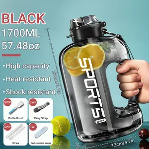 Large-capacity sports water bottle with straw, 1.7L (57.48oz) leakproof gym water bottle, heat-resistant and shock-resistant, includes brush, strap, sleeve, ergonomic handle for easy carry