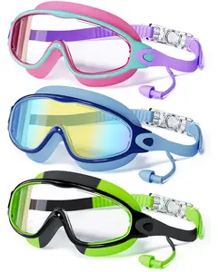 MERSUN 3 Pack Swimming Goggles, Kid Goggles with Earplugs Large Frame Anti-Fog/UV Wide View Swim Goggles Boys Girls 4-12