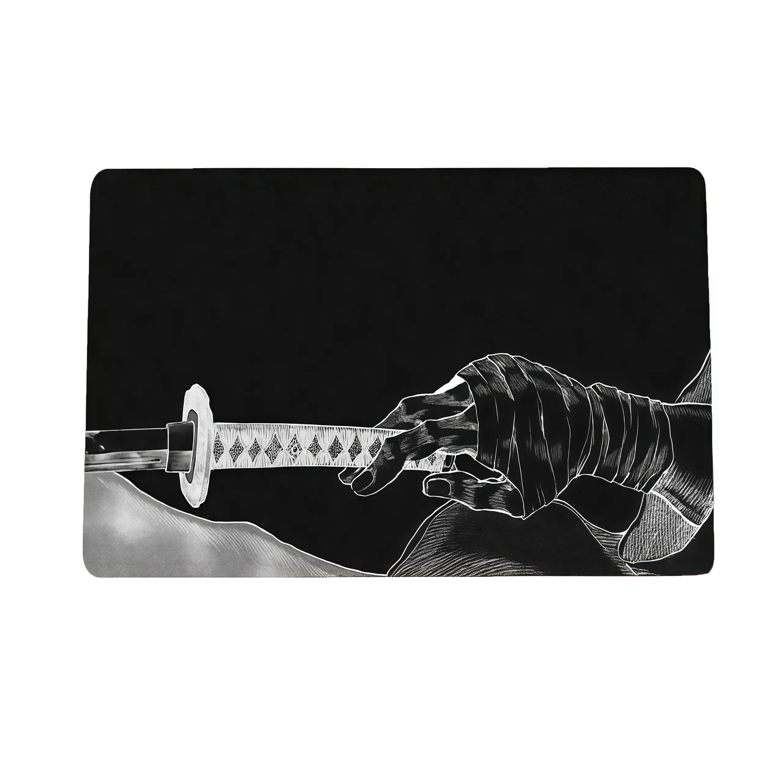 A 2D anime mouse pad featuring a black samurai sword, extended gaming mouse pad with waterproof and non-slip rubber base, desk accessory, computer desk accessory, portable mouse pad, multi-functional office supply, Size 20X24cm