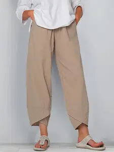 Plus Size - Women Summer Ninth Pants, Solid Color Middle Waist Loose Casual Trousers With Pockets For