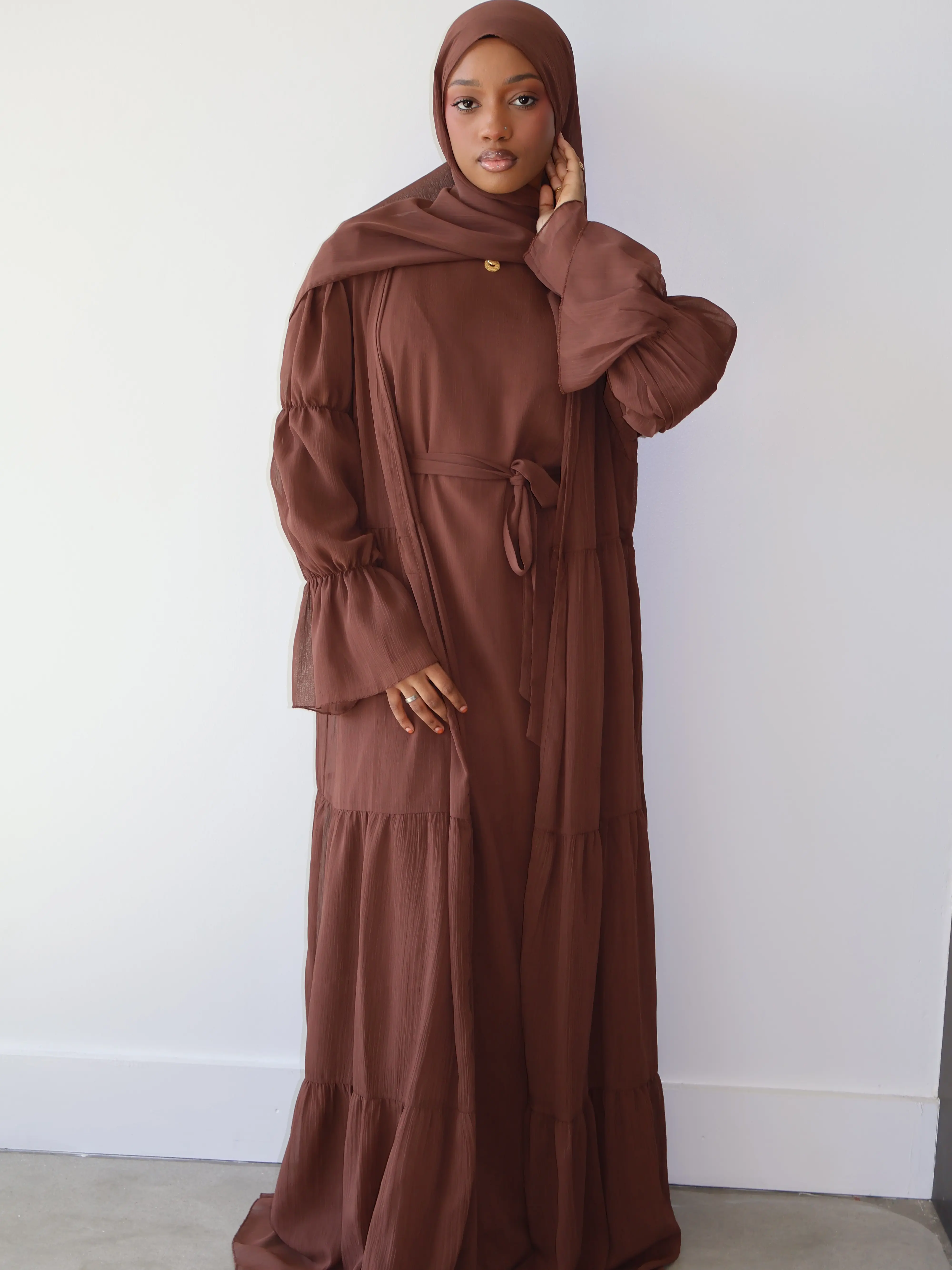 Women's Muslim Dresses 3-Piece Bohemian Loose Fit Modest Islamic Abaya Set - Sheer Open Abaya with Puffed Long Sleeves, Flared Cuffs, Fully Lined Inner Dress, Matching Hijab, Detachable Belt