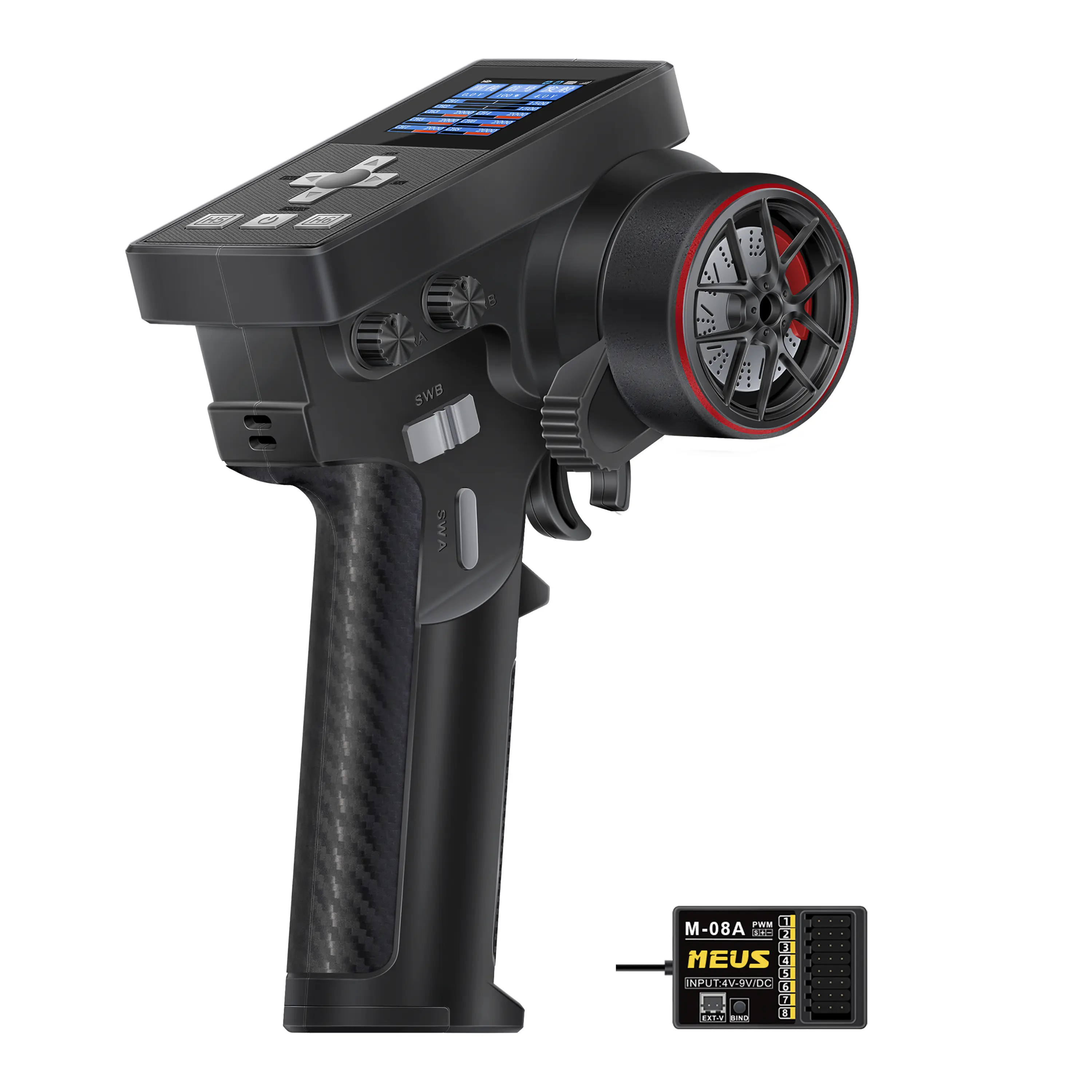 MEUS RACING ME-8B 2.4GHz 8-Channel RC Transmitter with Rechargeable Battery, Receiver, 4-Bearing Structure Wheel - Pros, Great Functionality Upgrade for 1/8,1/10,1/18,1/24 RC Crawlers (TRX4,TRX4M,SCX10,SCX24 Compatible) (Black)